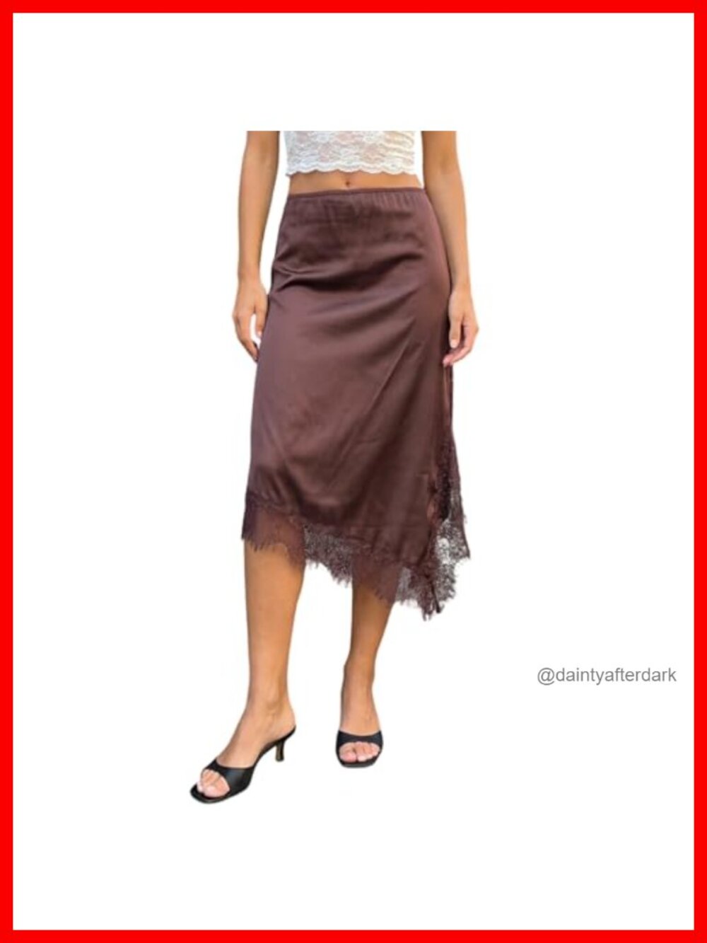 Silk Satin Half Slip Long Skirts Lace Trim Asymmetrical Maxi Skirt